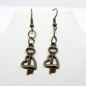 Earrings Love Heart Antique Key Gold Tone Valentines Day Romantic Gift Boho